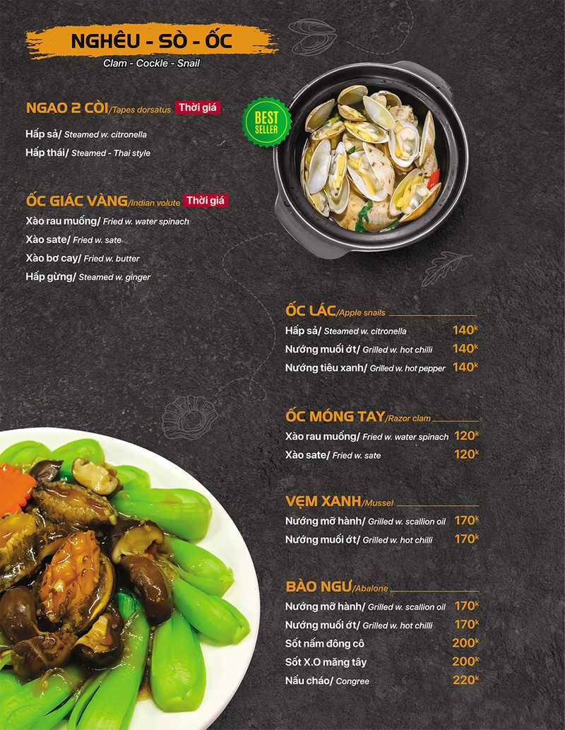 Trang thực đơn các món nghêu, sò, ốc và nước giải khát