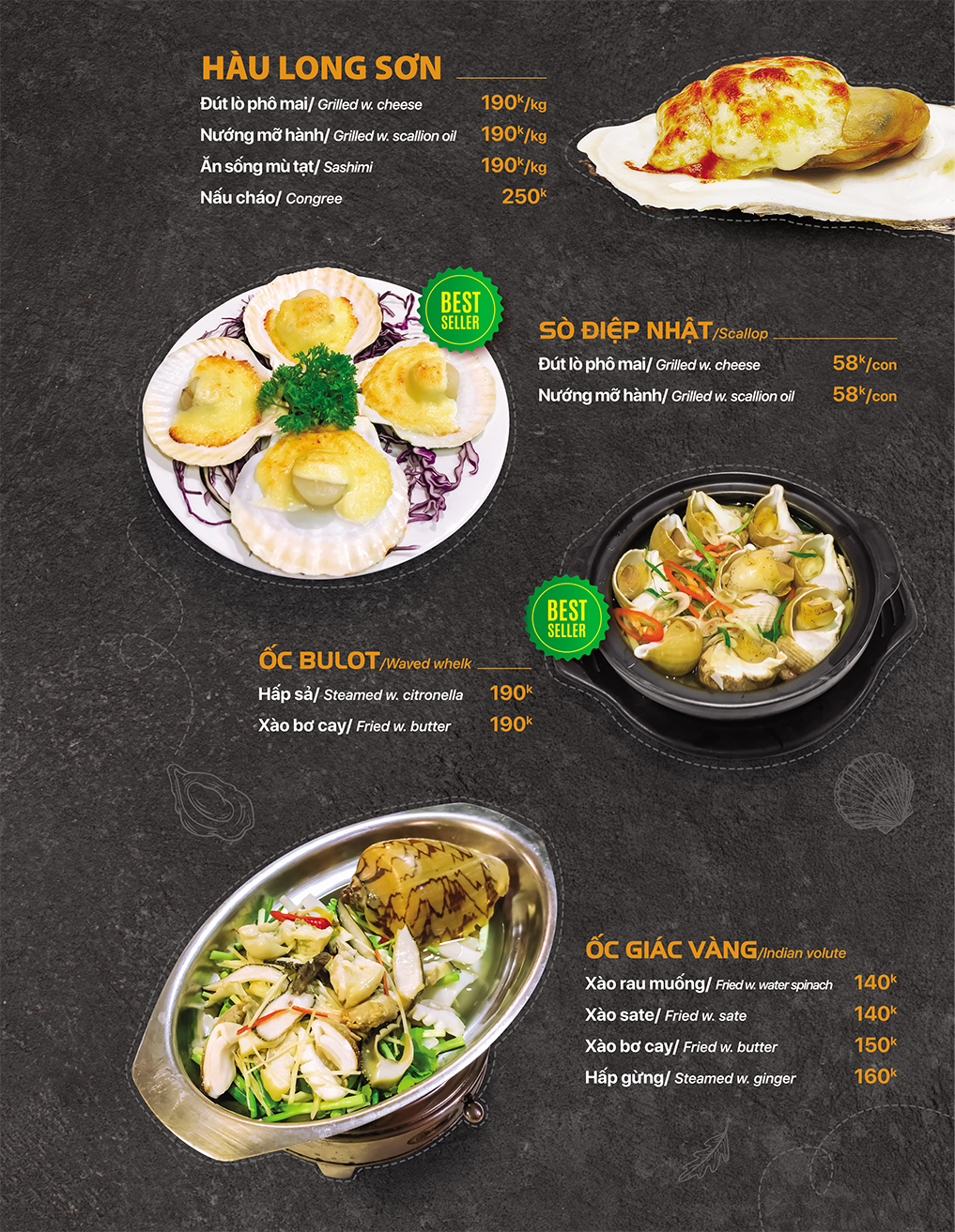 Trang thực đơn các món hàu và sò điệp