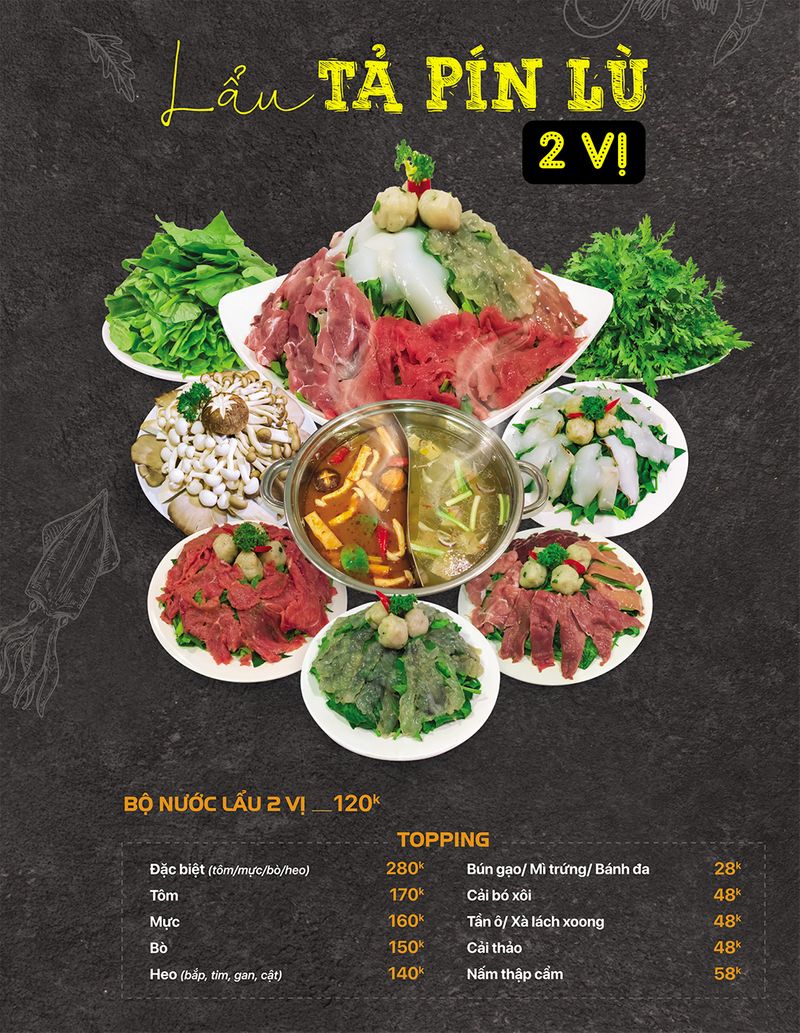 Trang thực đơn món tả pín lù hai vị
