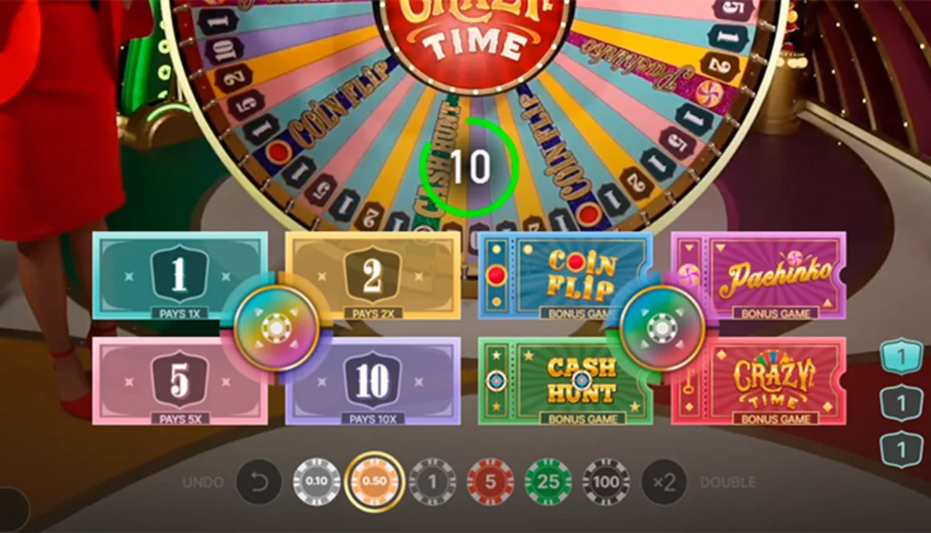 Close-up of the Crazy Time wheel stopping on a numbered segment during a live round