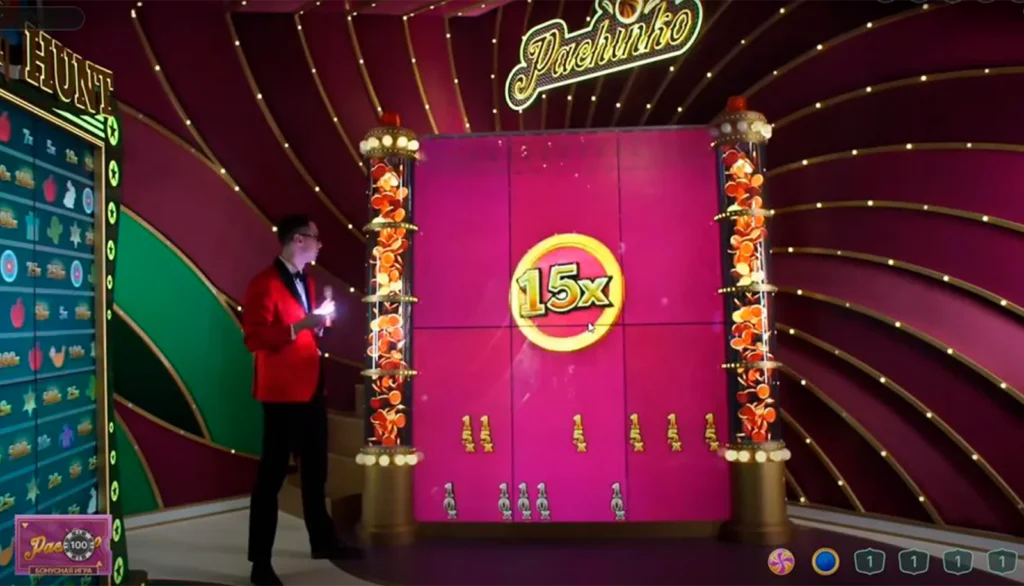 Pachinko bonus board revealing a multiplier after the puck drop